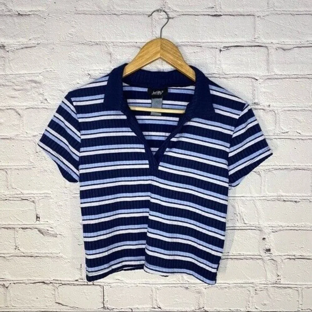 Just Polly NY Women’s Shirt Large Ribbed Blue Stripe Polo Crop Top Y2K 90’s NWOT - Picture 3 of 5